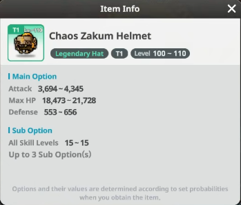 Chaos Zakum Helmet item info showing All Skill Levels and up to 3 sub options