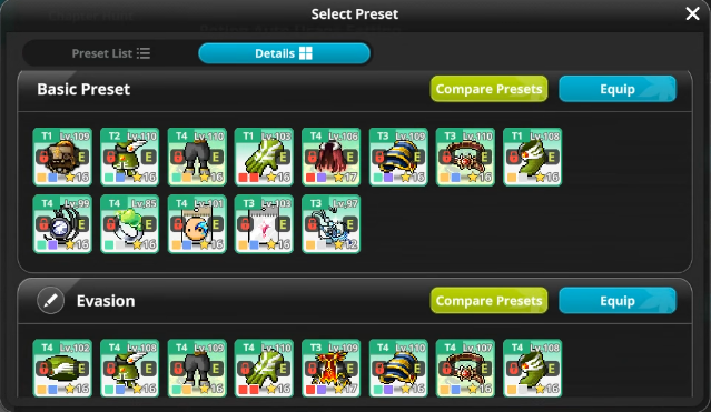 MapleStory Idle preset menu showing different equipment preset tabs