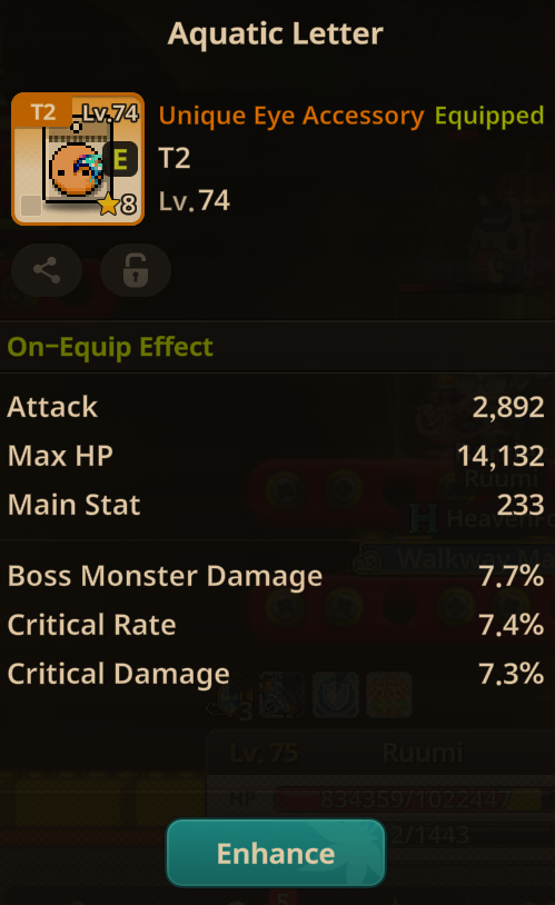 Example MapleStory Idle equipment with boss damage, critical rate, and critical damage lines