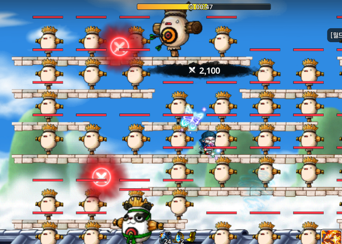 Guild Training Grounds map with buff dummies and red final-damage orbs