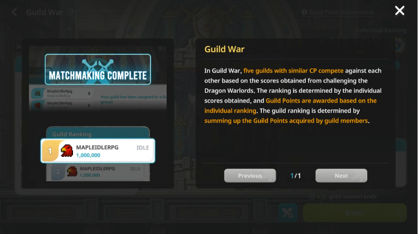 Guild War matchmaking and in-game explanation screen