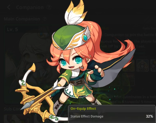 Marksman companion showing Status Effect Damage on-equip effect