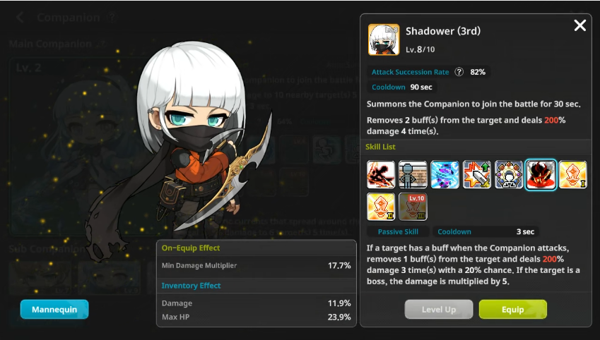 Shadower companion skill showing buff removal effect