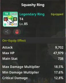 Squashy Ring showing Max Damage Multiplier, Min Damage Multiplier, and Critical Damage extra lines