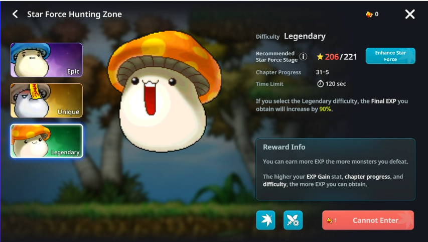 Star Force Hunting Zone Legendary difficulty in-game screen